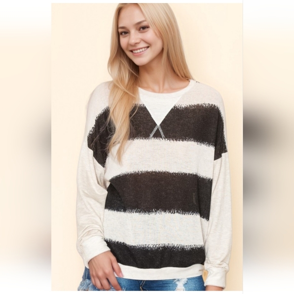A.gain Tops - New! Chic Black and Cream Striped Long Sleeve Top